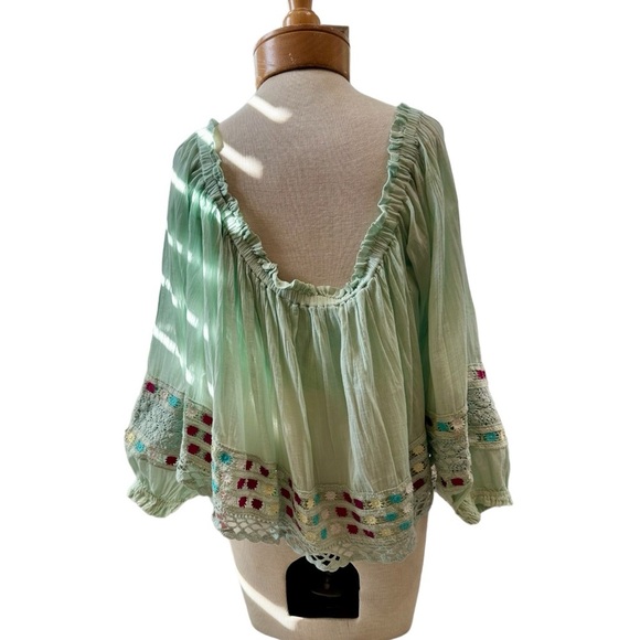 Free People Mint Off-Shoulder Blouse with Multicolor Trim - Picture 5 of 7